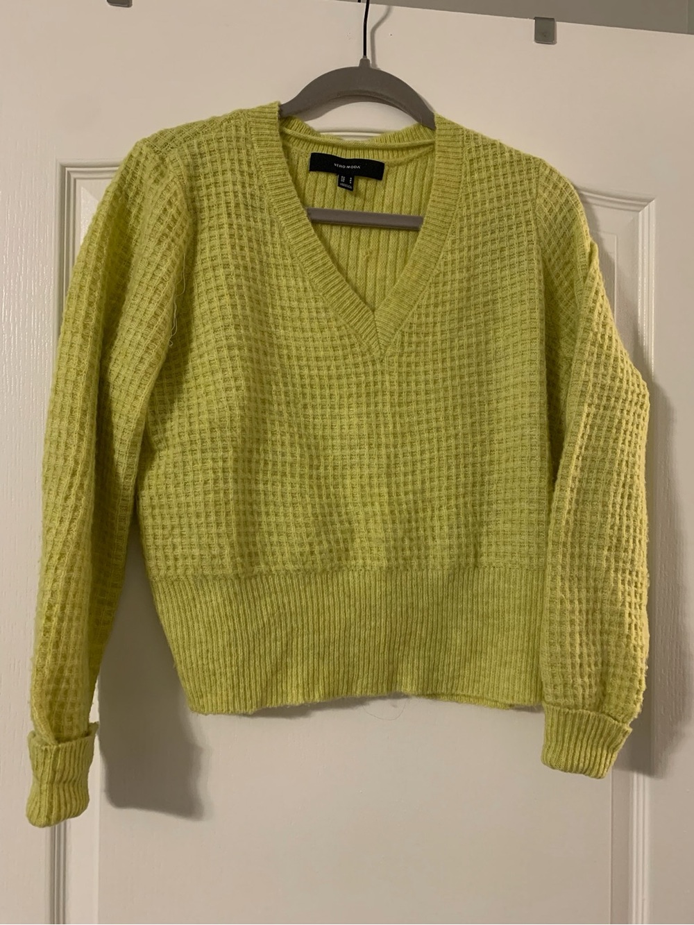 Vero Moda V-Neck Waffle Knit Women's Sweater Lime Green Chartreuse Small